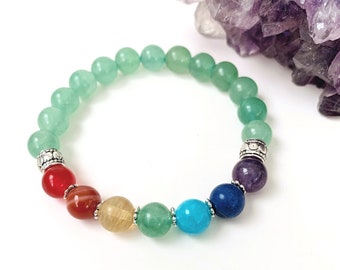 Chakra Bracelet, Green Aventurine Bracelet, Rainbow Gemstone Beaded Bracelet, 7 Chakra Jewelry, Yoga Jewelry, Healing bracelets