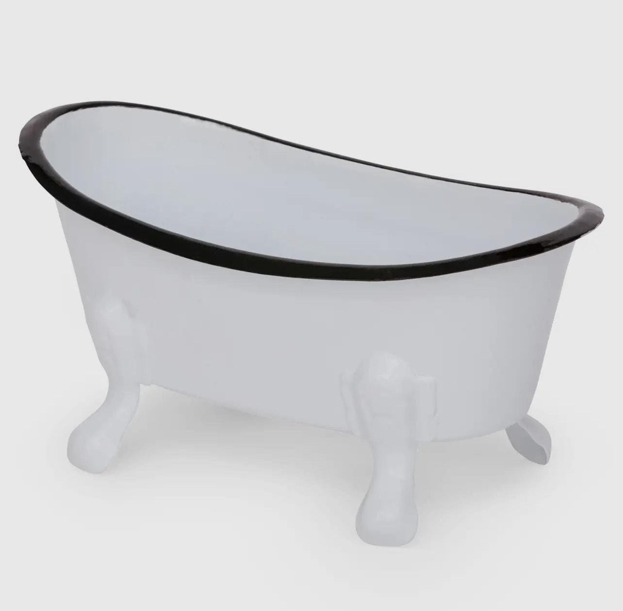 Mini White Bathtub Soap Dish with Distressed Black Trim, Metal, Enamel, Great for Bathroom & Kitchen, Great Gift Idea