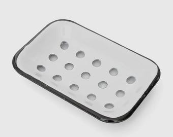 White with black trim, Farmhouse Soap Dish. Metal and Enamel. Great for bathroom & Kitchen Great Gift Idea