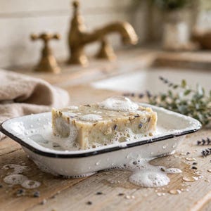 May include: A rectangular bar of soap with visible botanical inclusions sits in a white enamel soap dish with a black rim. The soap is covered in white lather and bubbles, with small purple lavender buds scattered around the base of the dish.