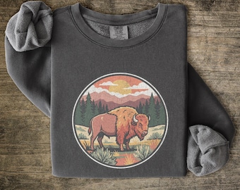 Retro Bison Sweatshirt, Comfort Colors Buffalo Crewneck, National Park Gift