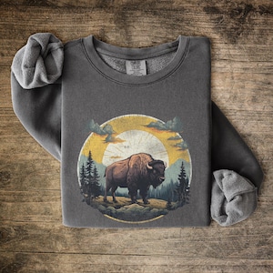Bison Shirt, Comfort Colors Sweatshirt, Graphic Buffalo shirt, Vintage Clothing gift for her, Hiking Shirt, Nature Gift for him image 1