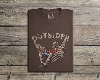 Unisex Bigfoot OUTSIDER T-Shirt, Funny Sasquatch Camping and Hiking Tee for Nature Lovers