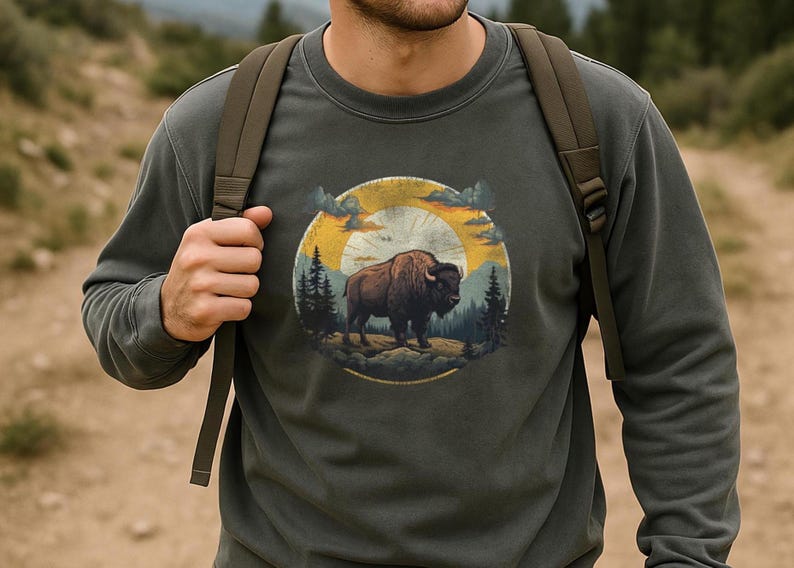 May include: A dark gray sweatshirt with a vintage-style graphic of a brown bison standing in a forest scene. The graphic is surrounded by a yellow circle with a sun and clouds.