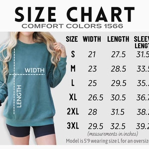 May include: Size chart for a sweatshirt with measurements in inches for sizes S, M, L, XL, 2XL, and 3XL. The chart shows width, length, and sleeve length. The model is 5'9 wearing size L for an oversized fit.