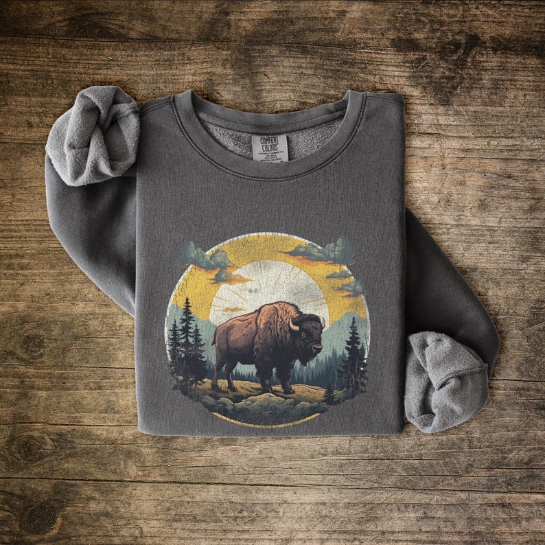 Bison Shirt, Comfort Colors Sweatshirt, Graphic Buffalo shirt, Vintage Clothing gift for her, Hiking Shirt, Nature Gift for him image 1