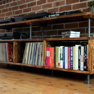 XL DJ unit / vinyl storage with charred wood finish and steel pipe fittings