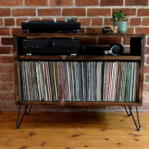 Vinyl storage unit with hairpin legs and charred wood finish