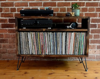 Vinyl storage unit with hairpin legs and charred wood finish