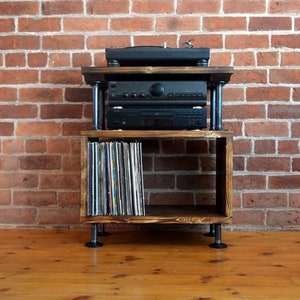 Industrial vinyl storage unit with charred wood finish