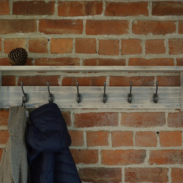Wall mounted coat rack and shelf with cast iron hooks and charred wood finish (Shou Sugi Ban)