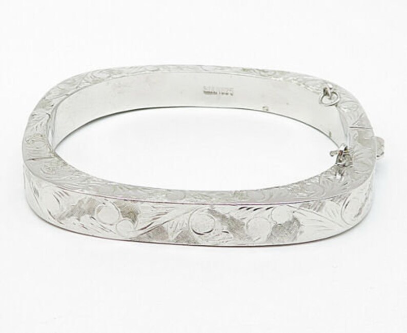 Siam 925 silver polished floral vine etched square bangle bracelet b5312