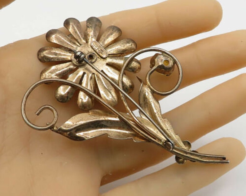 vintage citrine sculpted wild flower brooch pin 925 sterling silver bp1447