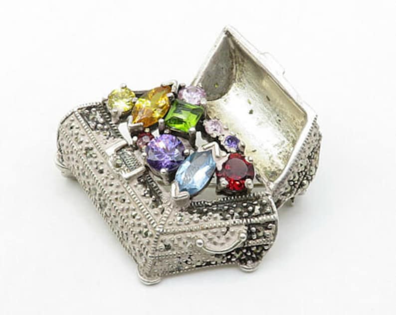 925 silver vintage multi-gemstone open treasure chest brooch pin bp2672