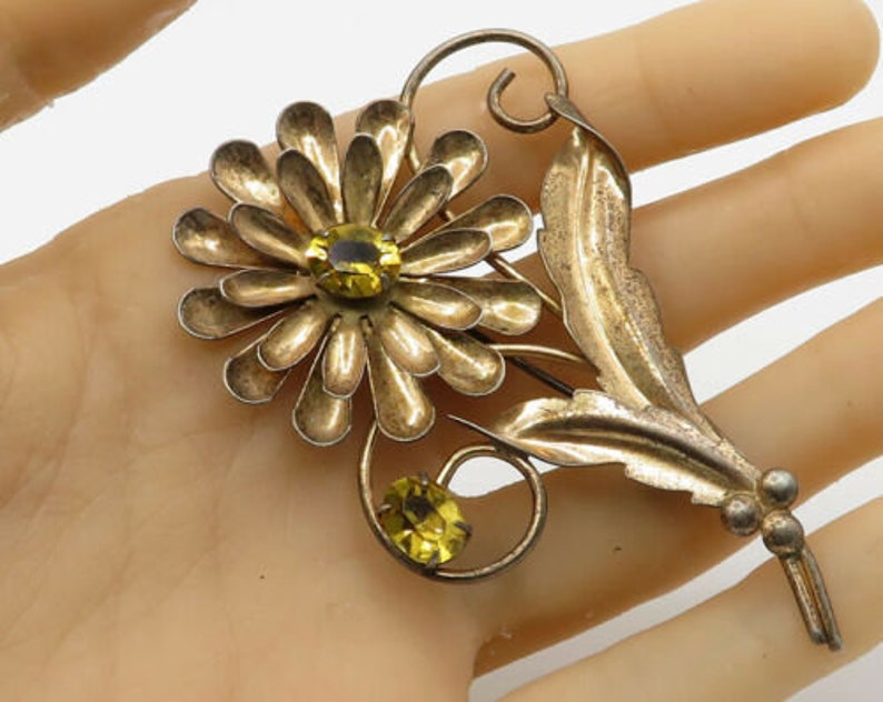 vintage citrine sculpted wild flower brooch pin 925 sterling silver bp1447