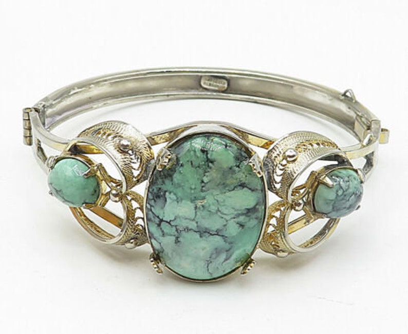 b5058 vintage turquoise love heart filigree cuff bracelet Sorrento 925 silver