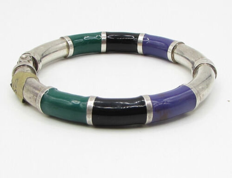 b1130 vintage multicolor enamel puffy bangle bracelet 925 sterling silver