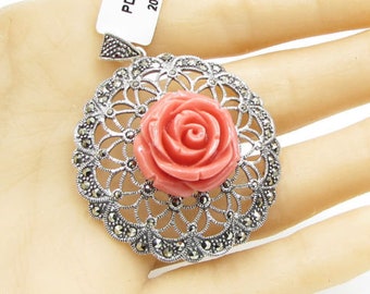 925 sterling silver - eccentric marcasite encrusted floral pendant - p1012