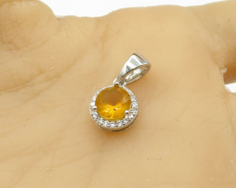 round cut faceted citrine /& white cubic zirconia pendant p2336 925 silver