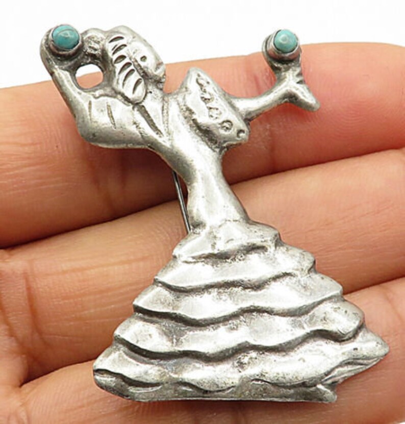 vintage antique turquoise flamenco dancer brooch pin bp2107 Mexico 925 silver