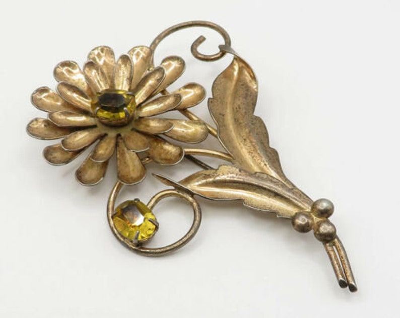 vintage citrine sculpted wild flower brooch pin 925 sterling silver bp1447