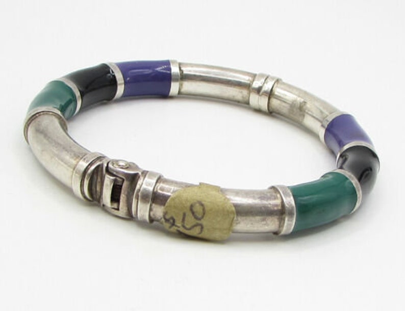 b1130 vintage multicolor enamel puffy bangle bracelet 925 sterling silver