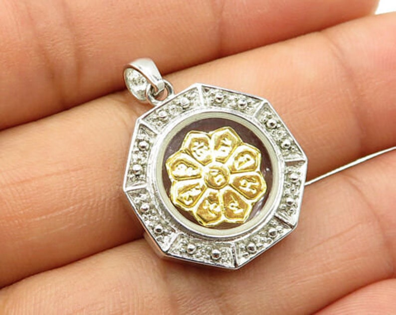 p2881 vintage petite two tone floral magnetic pendant 925 sterling silver