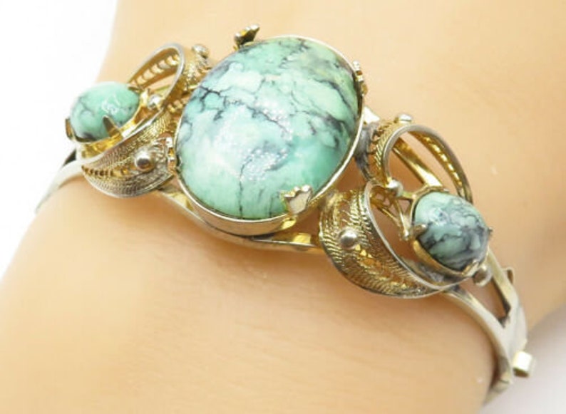 b5058 vintage turquoise love heart filigree cuff bracelet Sorrento 925 silver