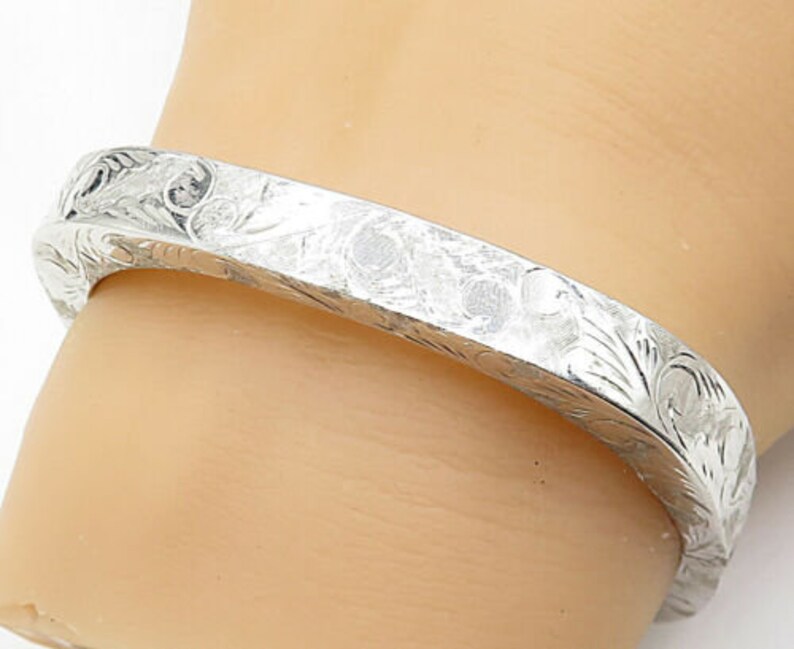 Siam 925 silver polished floral vine etched square bangle bracelet b5312