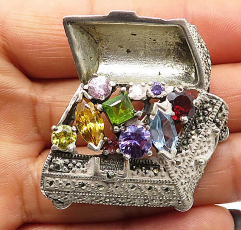 925 silver vintage multi-gemstone open treasure chest brooch pin bp2672