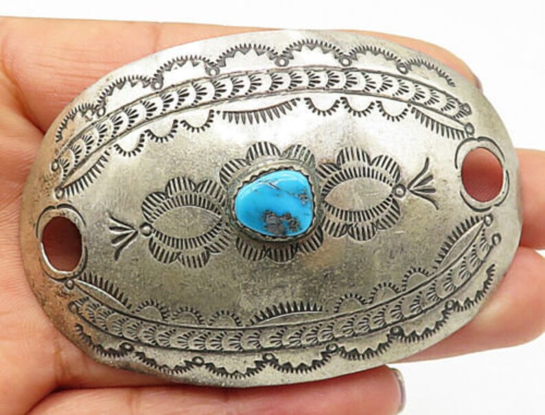 p5928 vintage turquoise etched slide pendant Dj royston navajo 925 silver