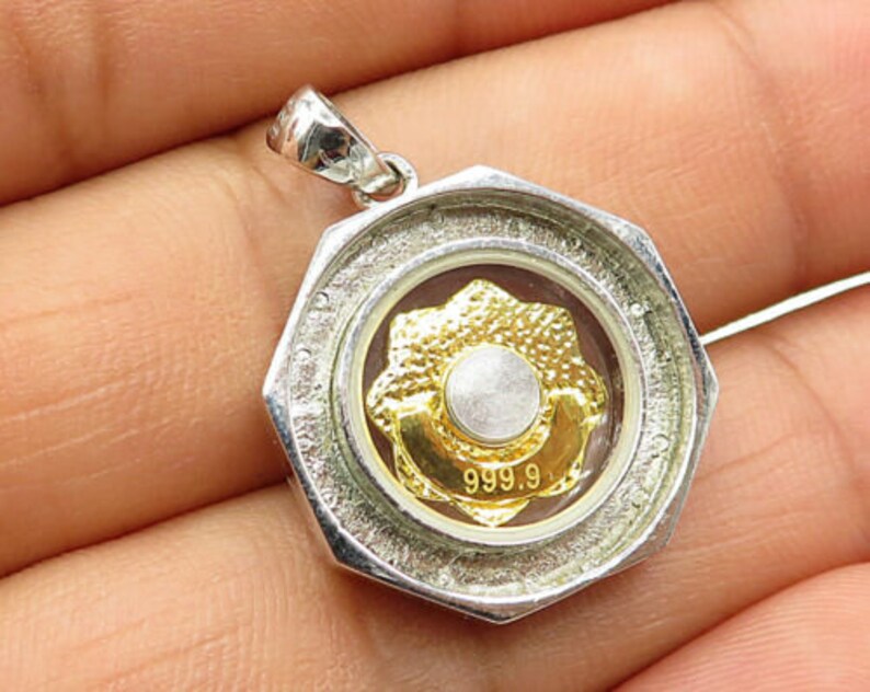p2881 vintage petite two tone floral magnetic pendant 925 sterling silver