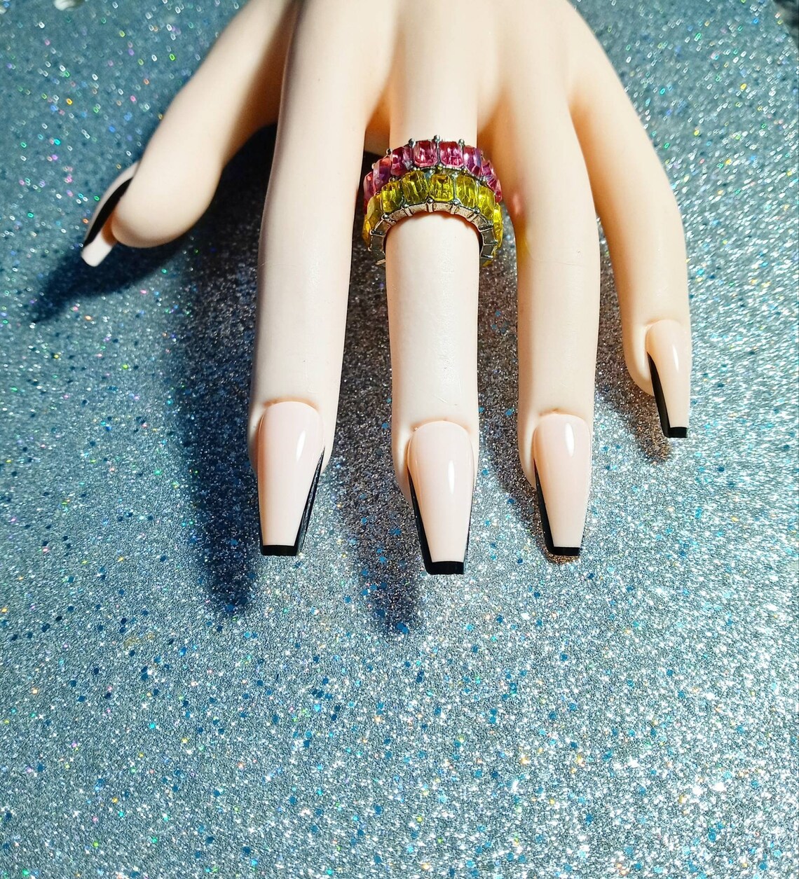 Medium Length Press On Nails Pink/Black Trim | Etsy