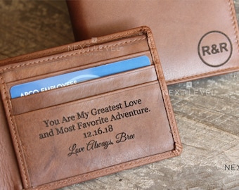 Personalized Leather Bifold Wallet, Engraved Flip Up ID Wallet Father’s Day for Dad