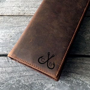 Regalos de pesca para él Cartera larga de rodeo Cartera de cuero genuino Amante al aire libre Cartera larga plegable RFID Cartera alta