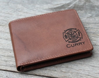 Personalized Firefighter Gift for Men, Firefighter Wallet Leather Fathers Day Gift for Firefighter Boyfriend Gifts for Brother