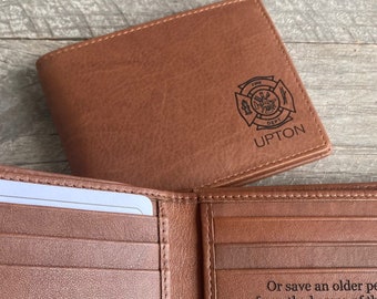 Personalized Leather Firefighter Wallet • Maltese Cross Engraved Valentines Day Gift