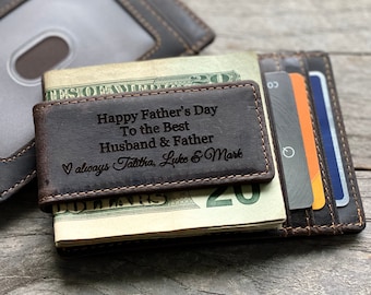 First Fathers Day Gift for Dad - Engraved Cowhide Leather Money Clip Wallet, Personalized Gift for Men