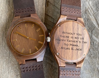 Personalized Engraved Wooden Watch, Leather Band, Gift for Him