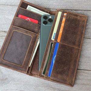 Cartera larga personalizada de grano superior para hombre con bolsillo para teléfono inteligente, regalo de Navidad para hombres, protección RFID, cuero de vaca genuino