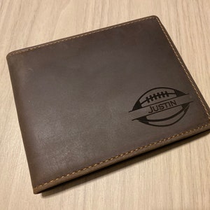 Football Gifts for Him Mens Personalized Engraved Leather Bifold wallet Dark or Light Brown Leather Wallet
