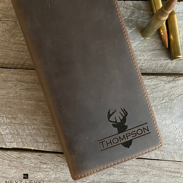 Mens Hunting Wallet Genuine Leather Long Wallet Personalized Bifold Wallet RFID, Tall Wallet Gifts for Men Fathers Gifts for Him