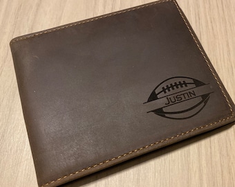 Personalized Football Engraved Leather Wallet, Graduation Gift for Him Fathers Day