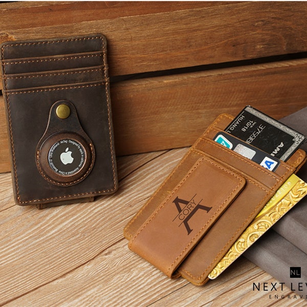 Personalized Leather AirTag Money Clip Wallet: RFID Protection Fathers Day Gifts for Men