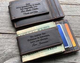 Engraved Cowhide Leather Money Clip Wallet, Fathers Day Personalized Gift for Men