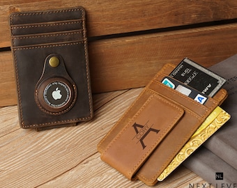 AirTag Wallet Genuine Leather Money Clip Air Tag Holder Christmas Gifts for Men Personalized Mens Wallet