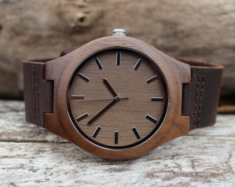 Personalized Walnut Wood Watch, Leather Band – 3rd Anniversary Gift
