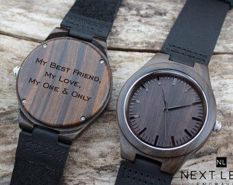 Engraved Wooden Watch for Men, Personalized Leather Band
