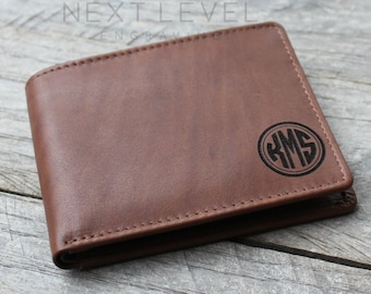 Custom Engraved Brown Leather Wallet, Fathers Day Personalized Gift for Him