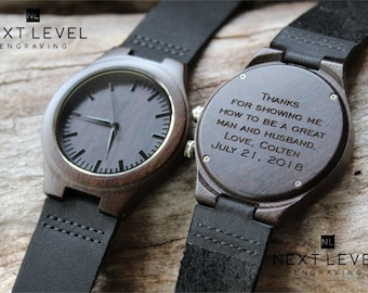 Personalized Wooden Watch, Gift for Groom's Parents, Engraved Leather Band